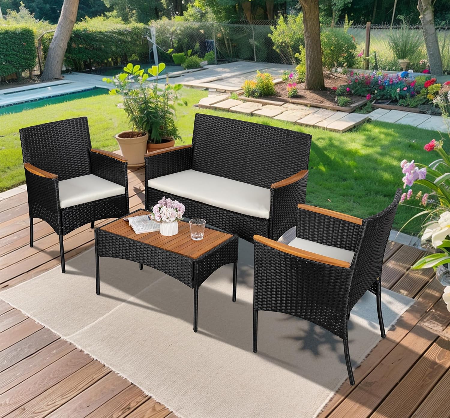 Shintenchi 4-Piece Patio Furniture Set Outdoor Wicker Patio Conversation Furniture Set with Cushions