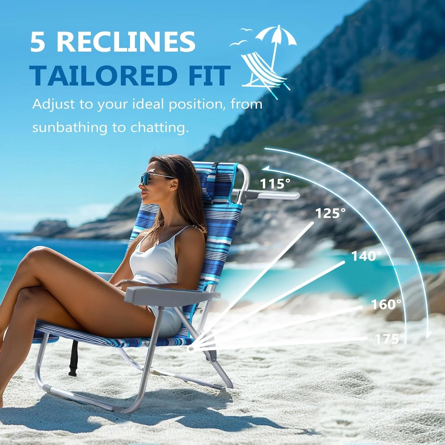 5-Position Aluminum Lay Flat Tall Backpack Beach Chairs 2 Pack Compact Portable Beach Chairs for Adults with Cooler Pouch, Storage Pouch, Towel Bar, Cup Holder & Phone Holder, Blue Stripe
