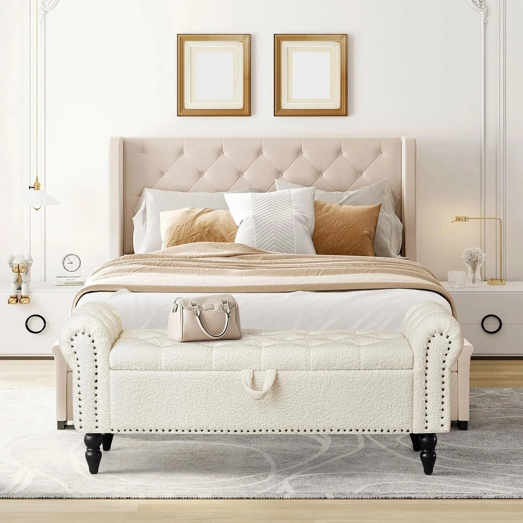 Furniliving Modern Storage Ottoman Bench, Sherpa Ottoman End of Bed Bench with Solid Wood Legs Upholstered Ottoman Benches with Storage Indoor Bench