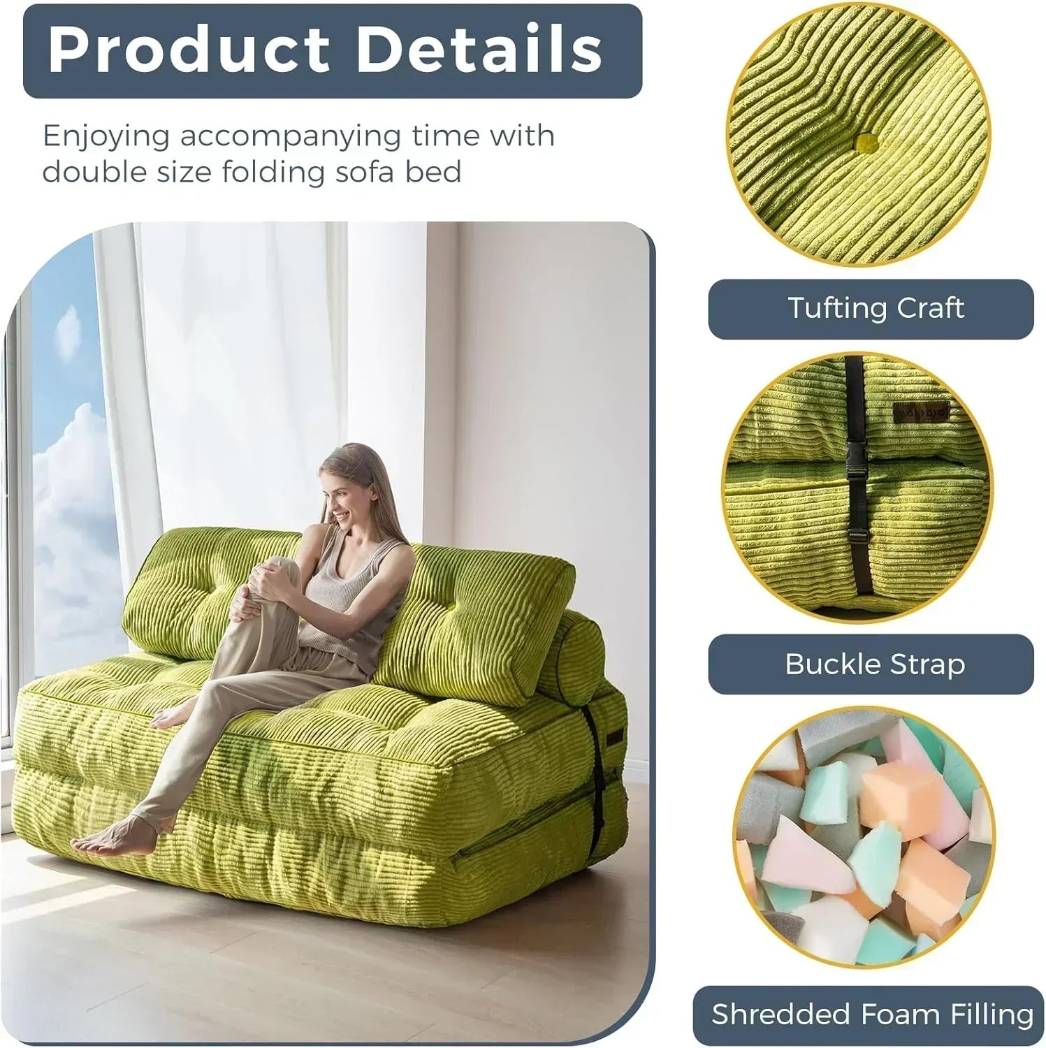 MAXYOYO Folding Sofa Bed Convertible Sleeper Chair with Pillow Foldable Mattress with Back Support