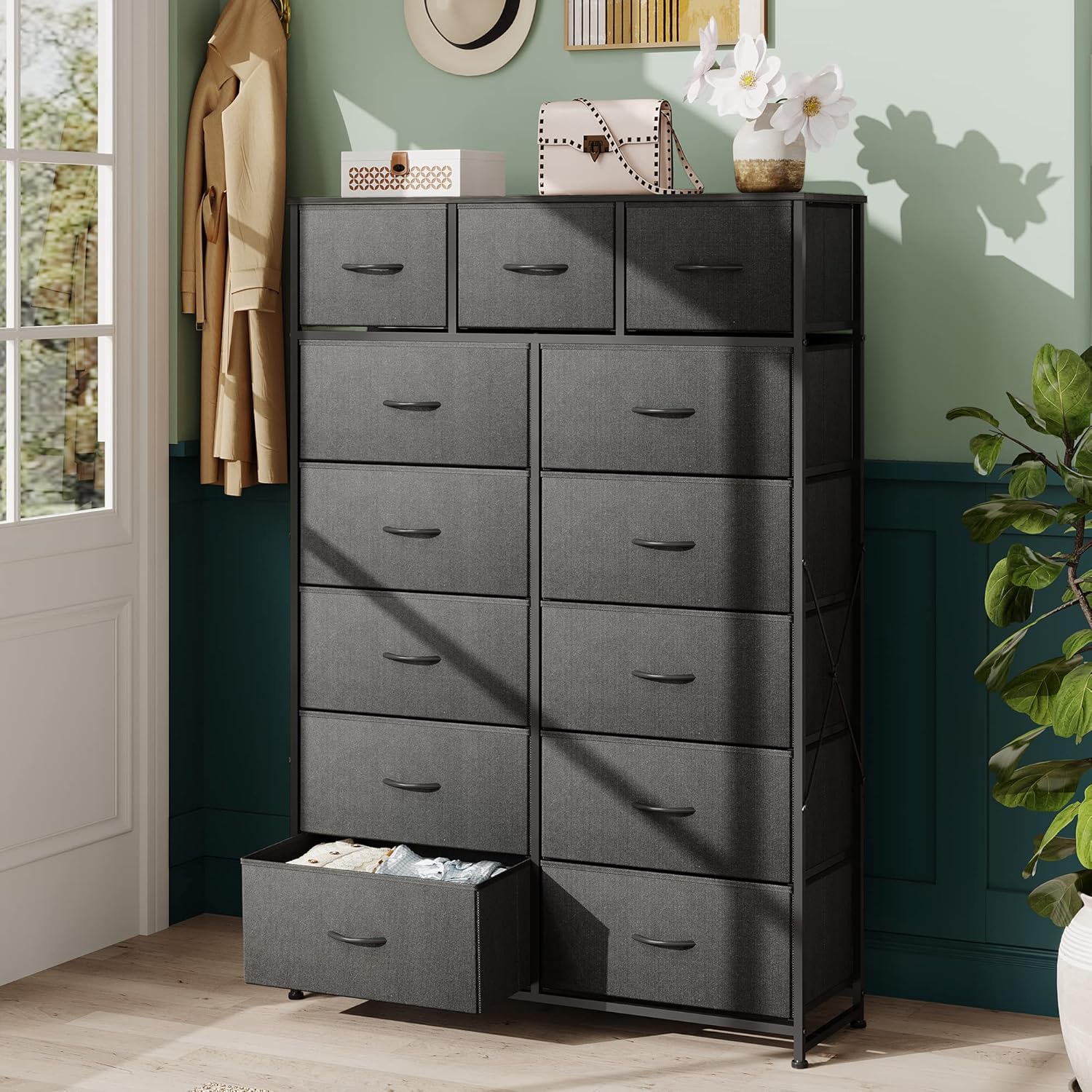 WLIVE Storage Organizer Unit with 13 Fabric Bins, Storage Drawers Organizer with Steel Frame, Tall Storage Tower Organizaton for Living Room, Hallway, Office, Charcoal Black