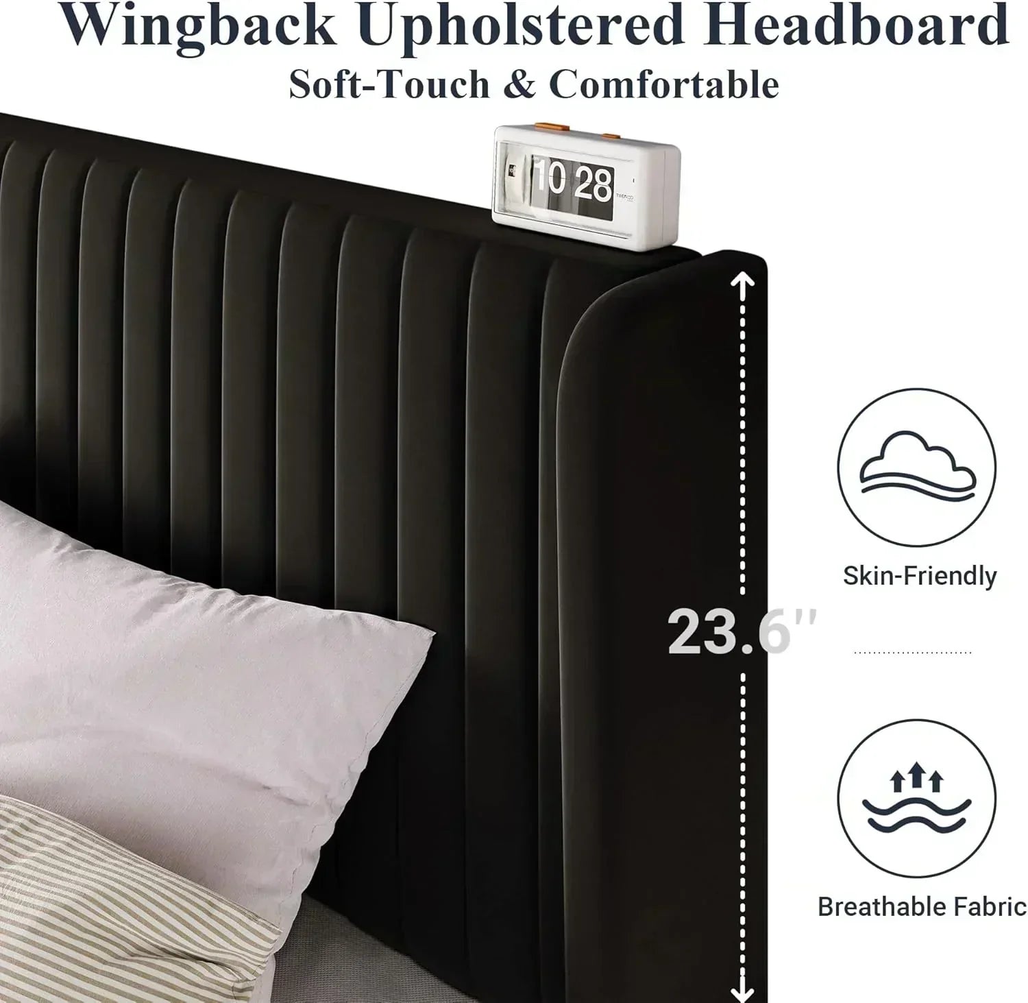 Allewie Full Size Velvet Bed Frame Vertical Channel Tufted Wingback Headboard Upholstered Bed