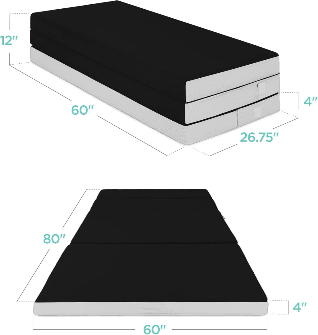 4in Portable Queen-Size Mattress, Tri-Fold Mattress for Camping, Guest, Toddler