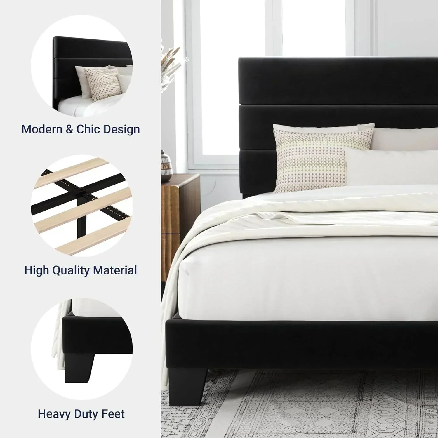 Allewie King size platform bed frame with velvet upholstered headboard and planks