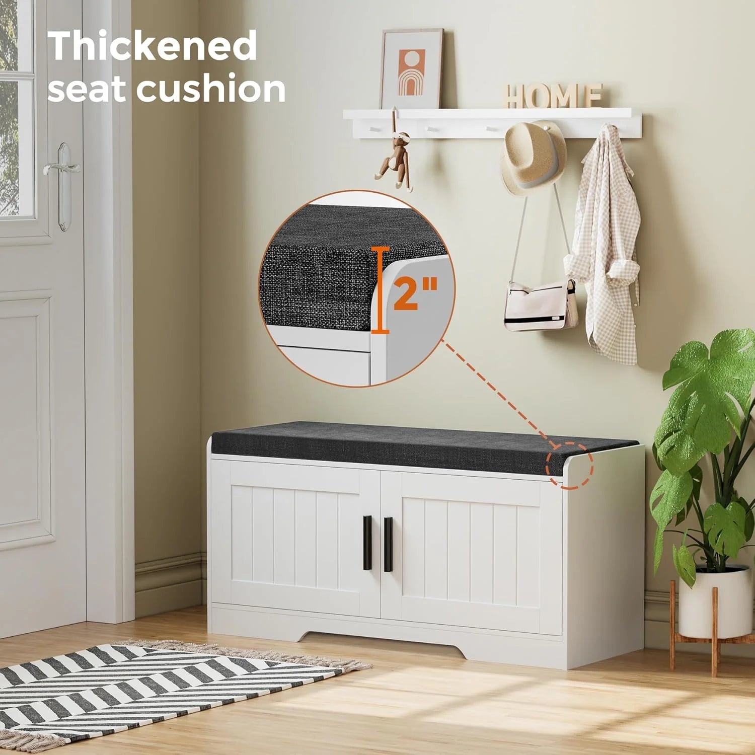 2-Tier Storage Bench, Shoe Bench with Thickened Padded Seat Cushion, Entryway Bench with 4 Doors, Adjustable Shelf, 13.8 D x 45.3 W x 18.5 H, for Entryway, Living Room, Bedroom, White