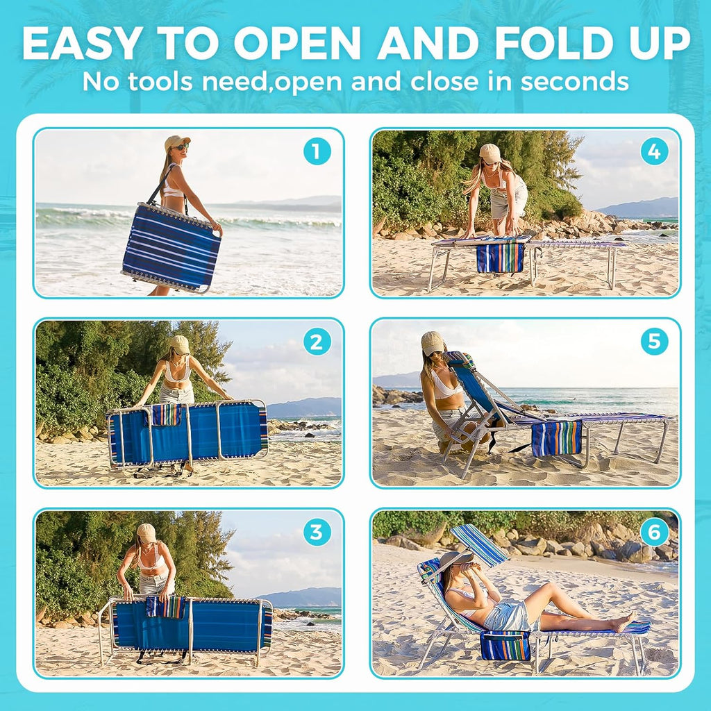 2 Pack Outdoor Chaise Lounge Chair - Portable Folding Patio Pool Lounge Chair, 5 Positions Adjustable Reclining Camping Chair with Side Table,Shoulder Strap, Pillow for Beach Sunbathing Lawn