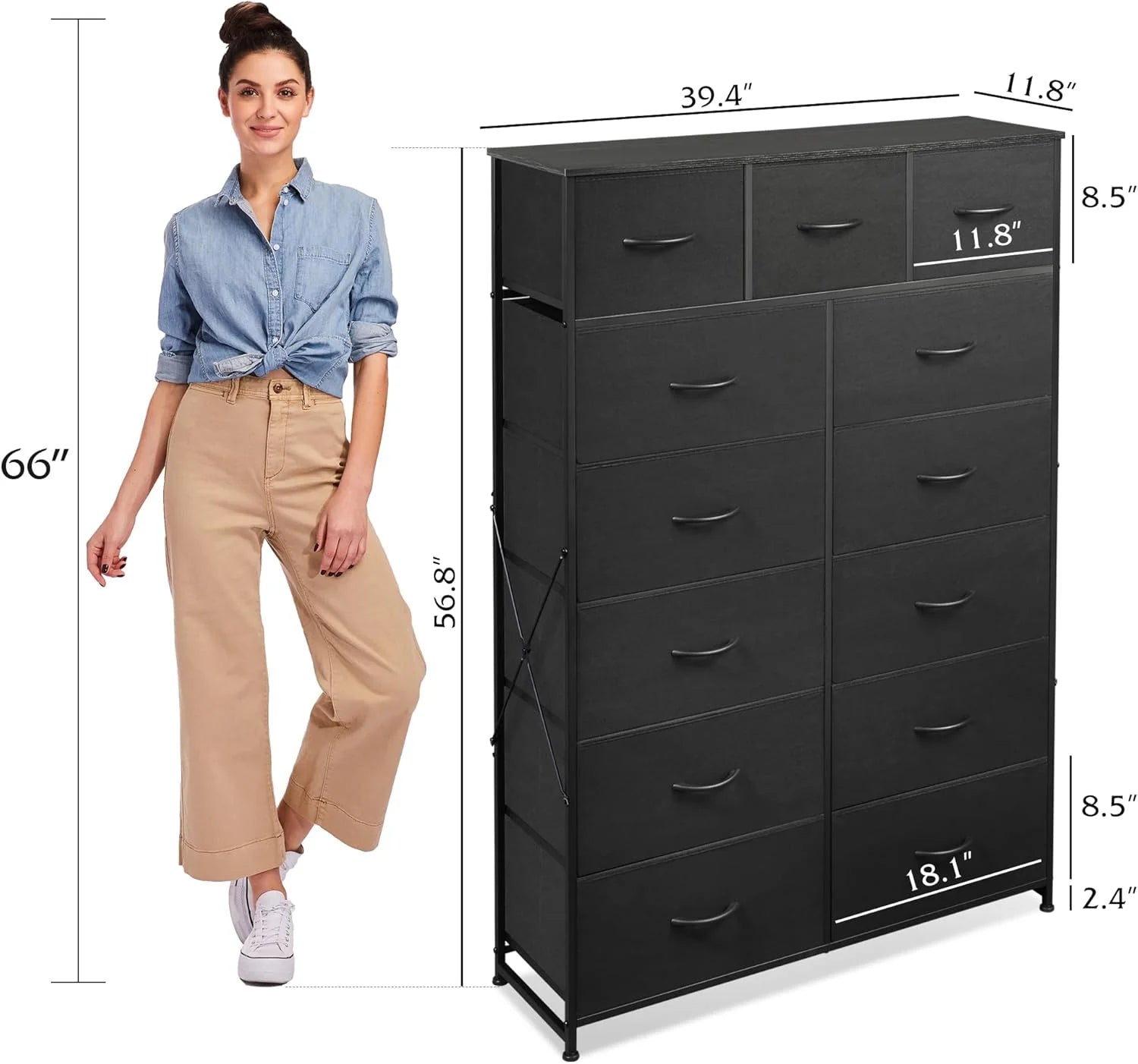 WLIVE Storage Organizer Unit with 13 Fabric Bins, Storage Drawers Organizer with Steel Frame, Tall Storage Tower Organizaton for Living Room, Hallway, Office, Charcoal Black