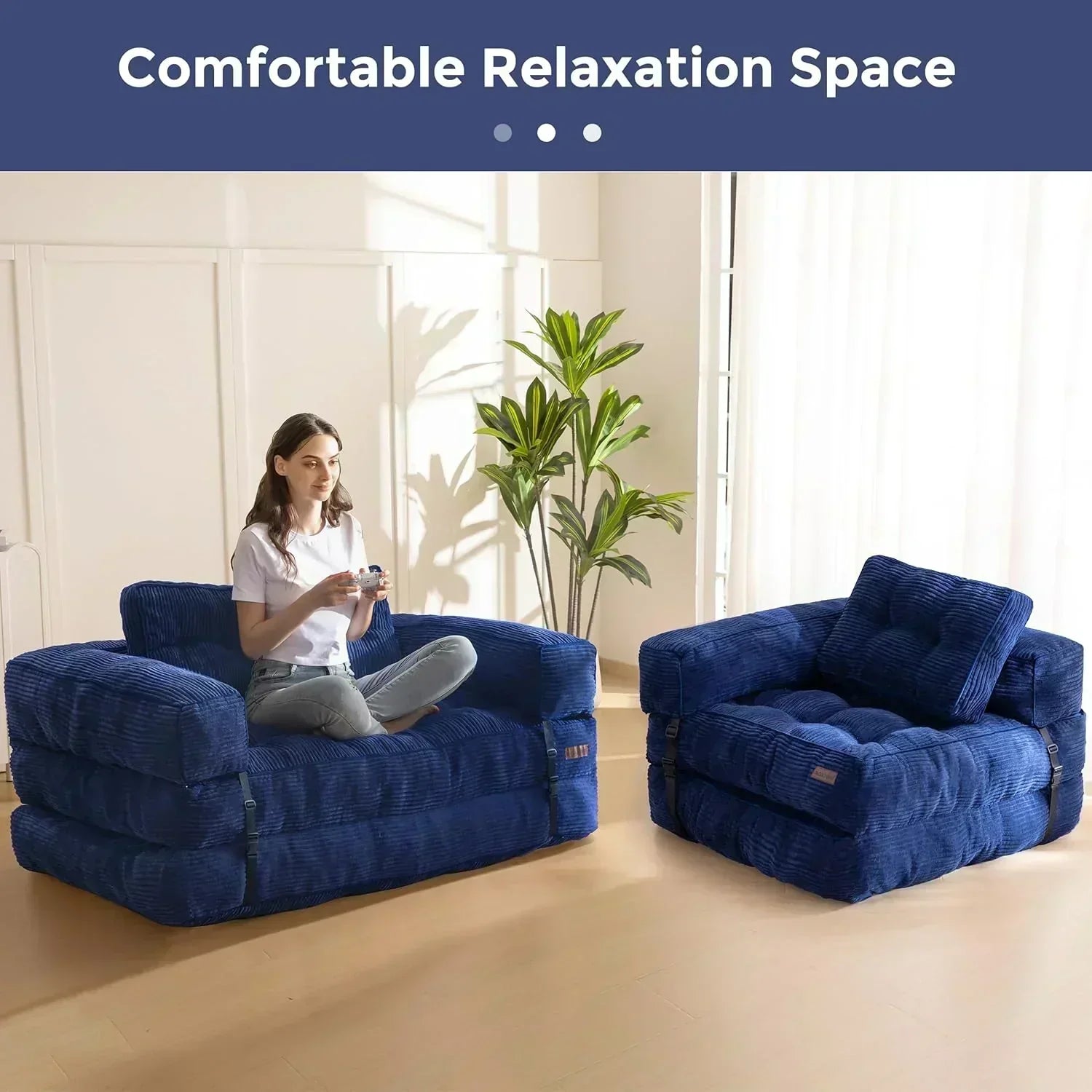 Folding Sofa Bed L-Shaped Convertible Sofa Bed with Armrests and Pillows