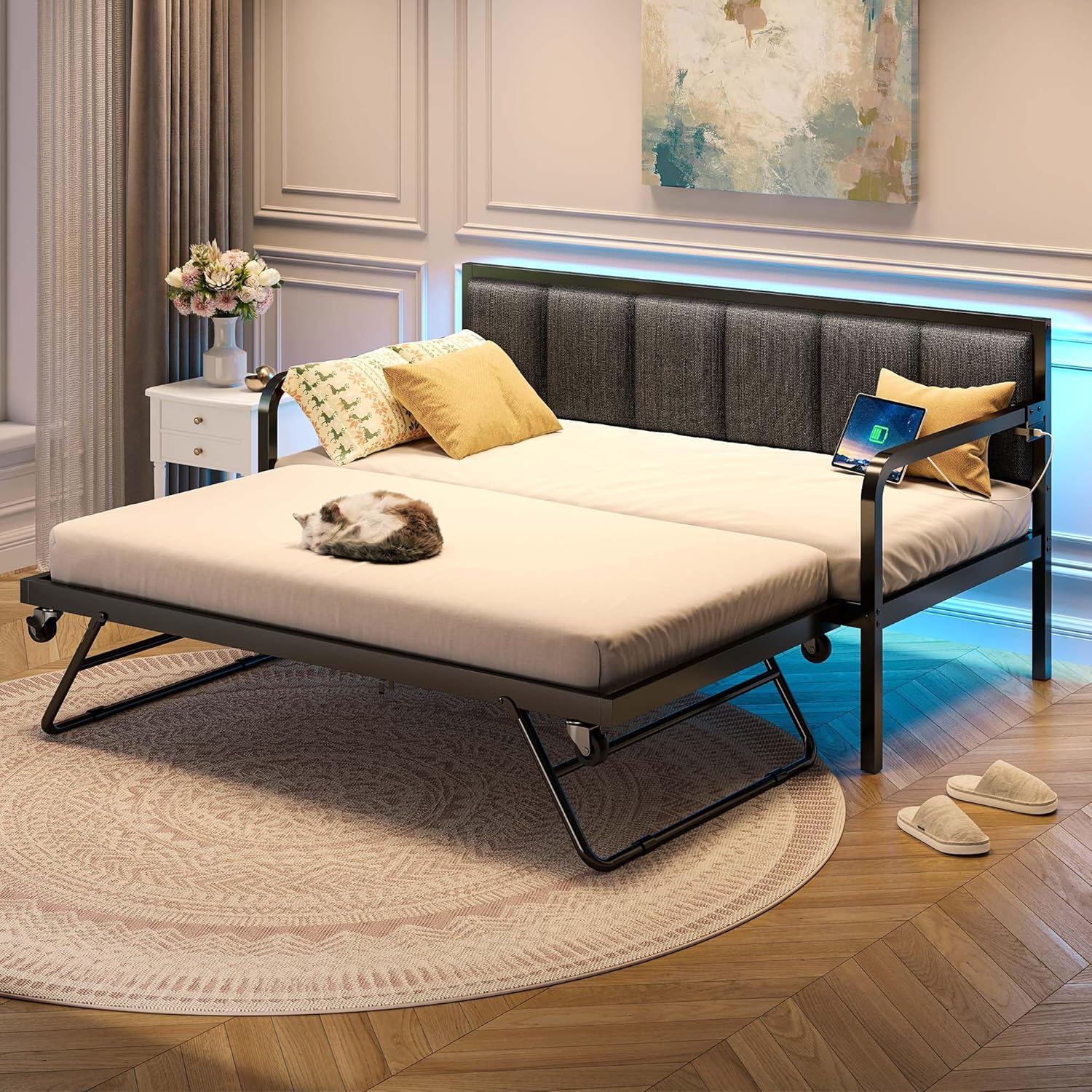 Rolanstar Daybed with Charging Station and LED Lights, Height Adjustable Twin Daybed with Trundle, Metal Sofa Bed Frame with Steel Slat Support