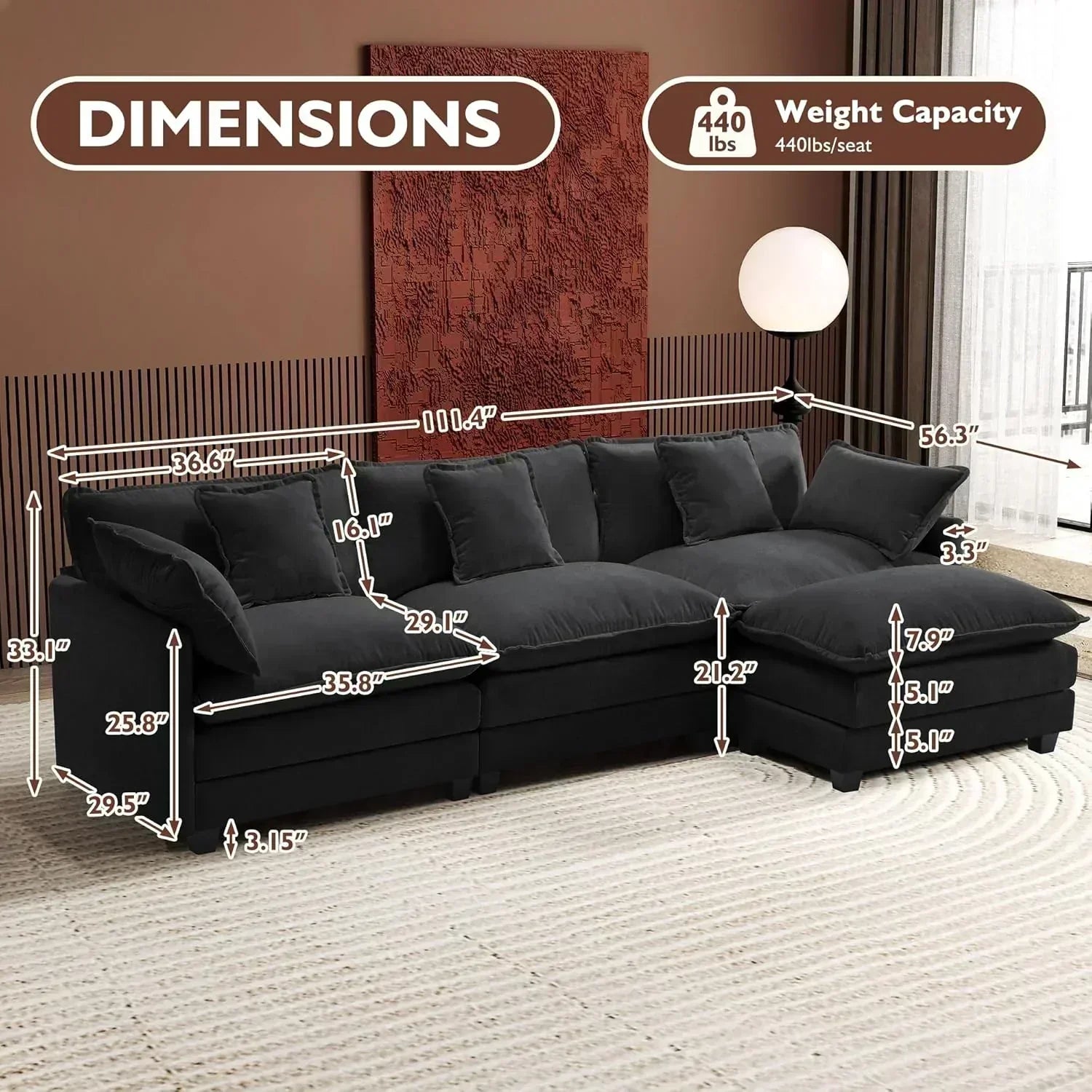ihanherry 146-inch U-shaped modern sofa modular area cloud sofa