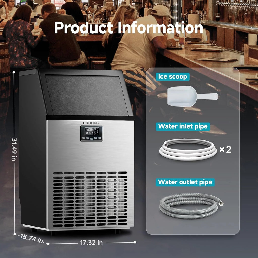 EUHOMY Commercial Ice Maker Machine, 100lbs/24H Stainless Steel Under Counter ice Machine with 33lbs Ice Storage Capacity, Freestanding Ice Maker.