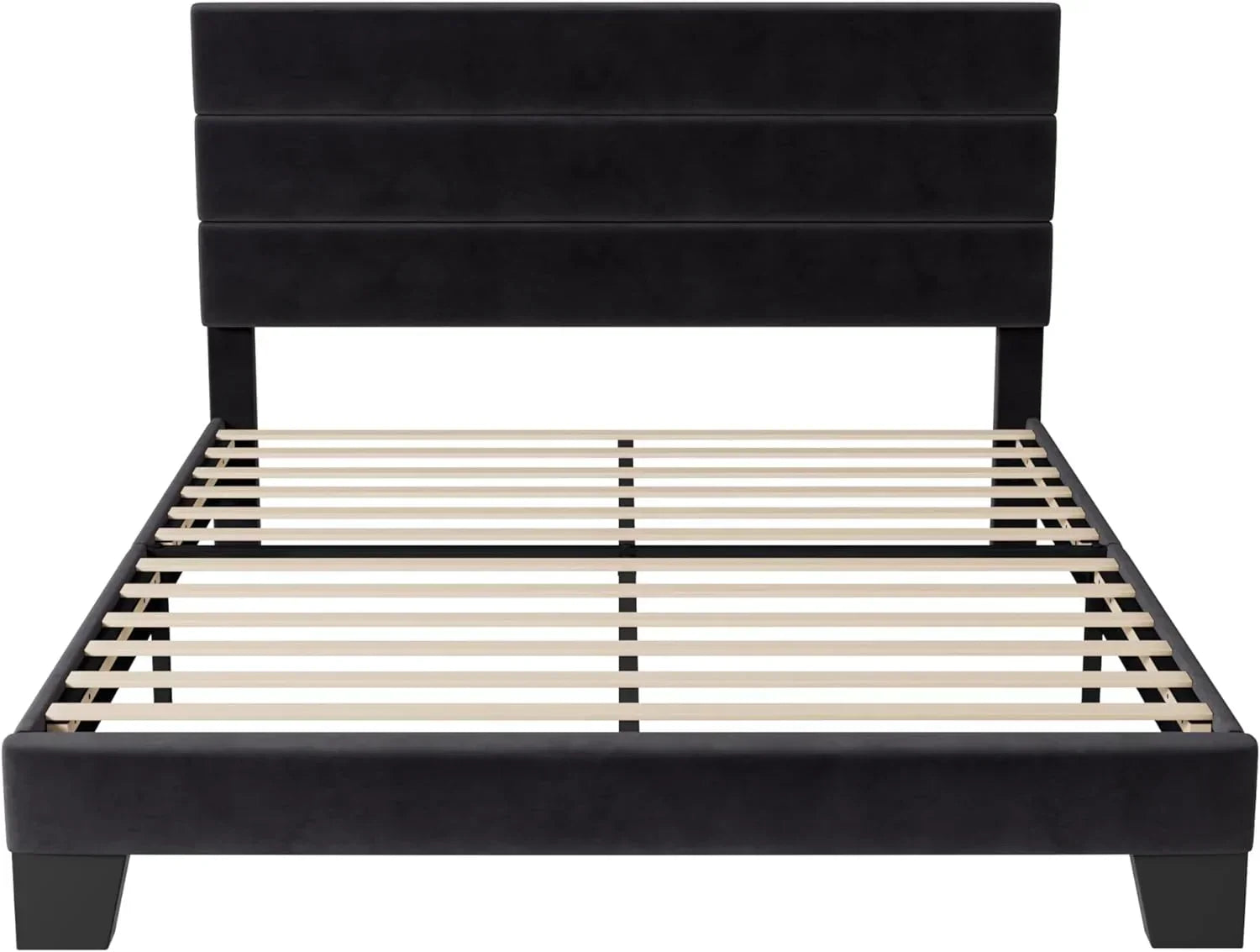 Allewie King size platform bed frame with velvet upholstered headboard and planks