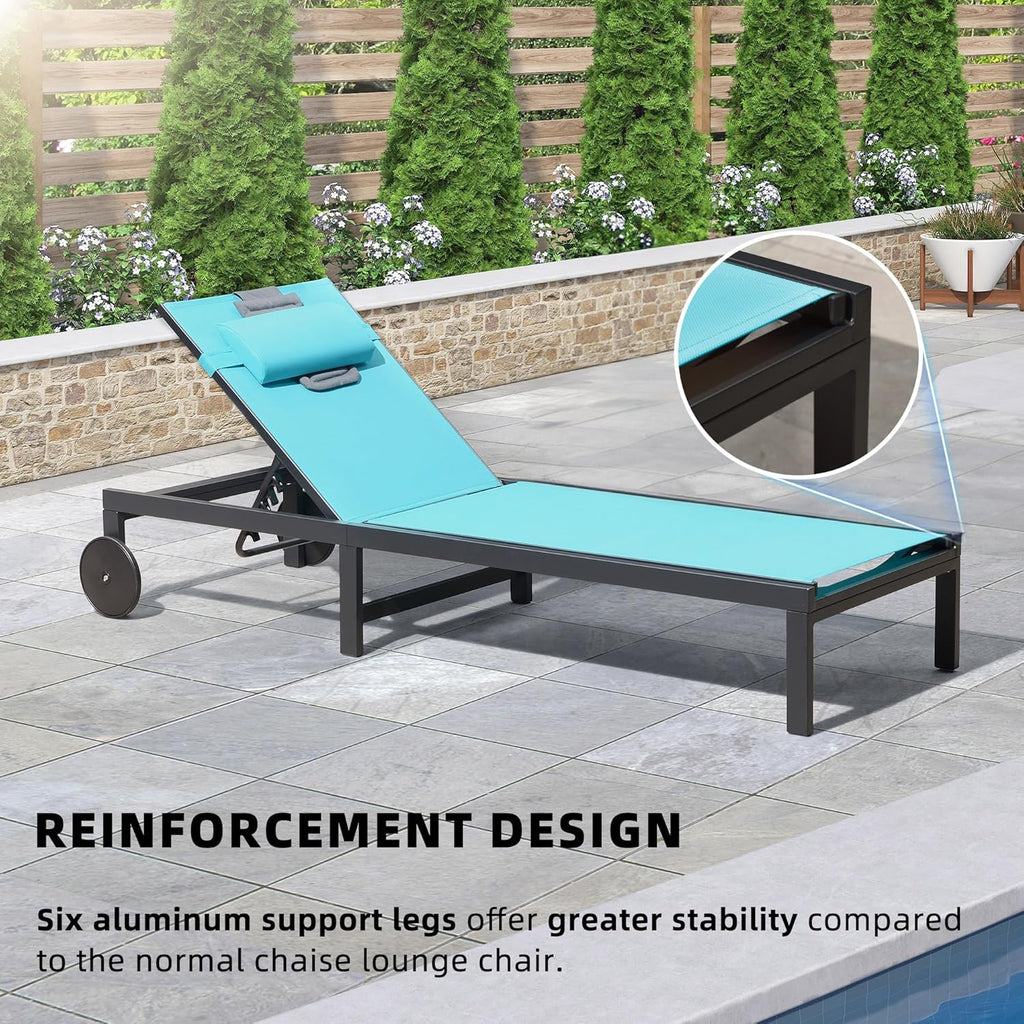PURPLE LEAF Patio Tanning Lounge Chair Set with Face Down Hole Outdoor Aluminum Adjustable Reclining Chairs Wheels Pillows and Table for Poolside Beach Sunbathing Lounger, Beige
