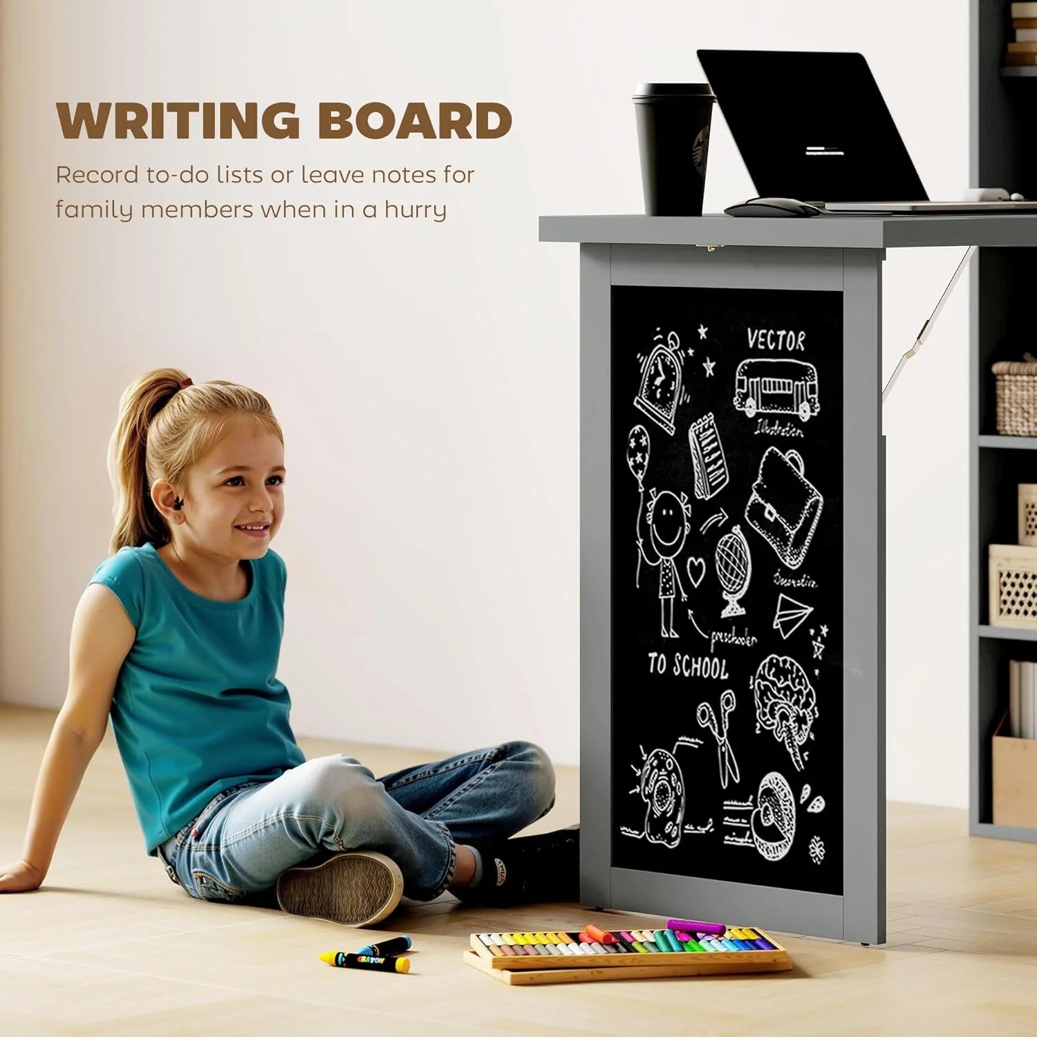 Folding convertible writing desk, wall mounted desk cabinet, multifunctional home office workstation