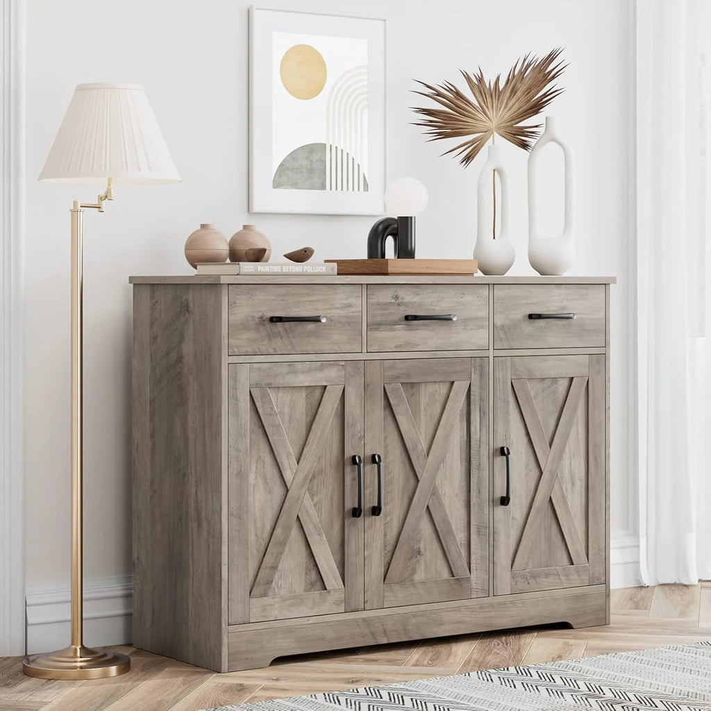 Modern farmhouse sideboard, barn door buffet storage cabinet with drawers and shelves, wooden coffee bar with storage
