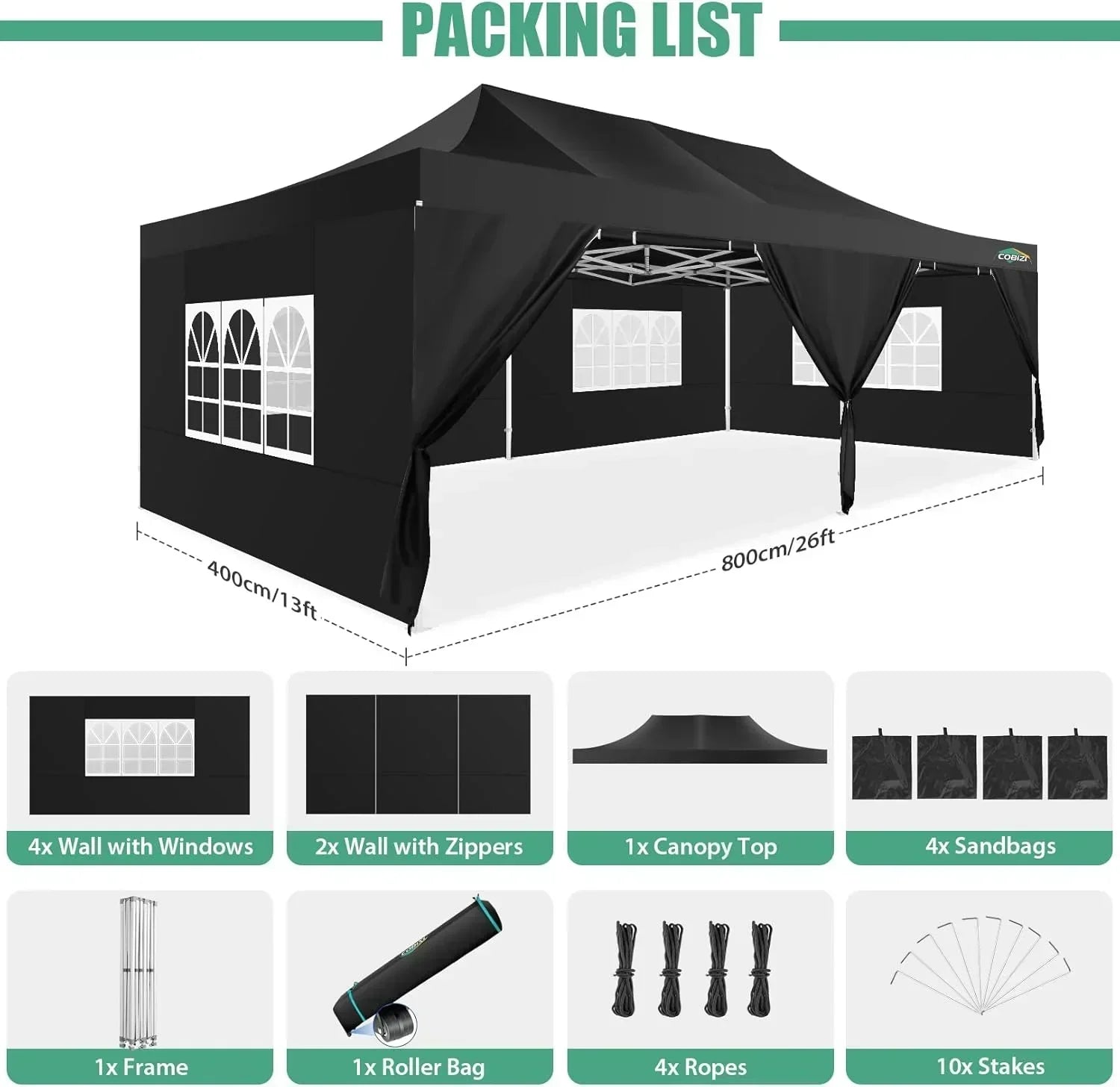 COBIZI 10x20 Heavy Duty Pop up Canopy Tent 6 sidewalls Commercial Canopy Wedding Party Tents
